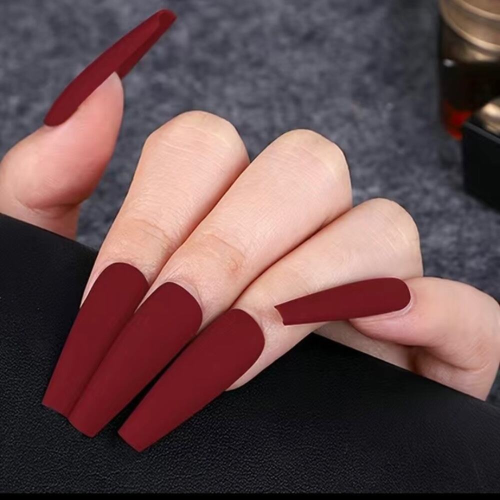 Red Matte Press On Nails Set Long Coffin Shape with Glue 25 pc Fake False Kit